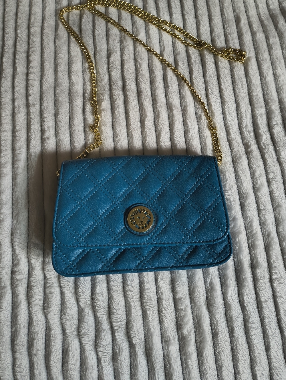 Anne Klein Quilted R Blue Crossbody Bag with Gold Chain